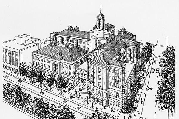 A black and white rendering of the exterior of Grainger Hall.