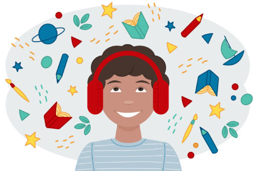 An illustration of a child using his imagination while wearing headphones