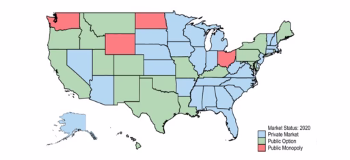 USA map with states indicated in blue, green, and red.