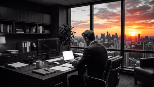Man typing at computer with sunsetting behind him