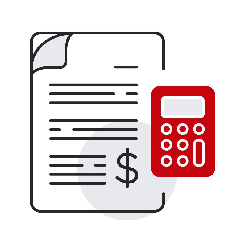 document with dollar sign and calculator icons.
