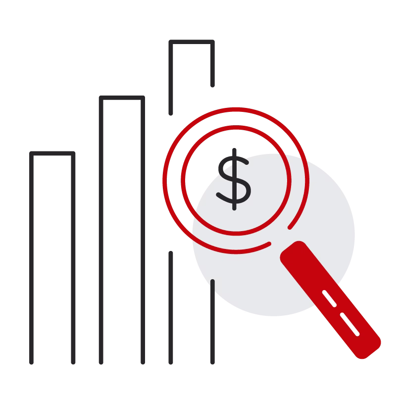 graph and magnifying glass with dollar sign icons.