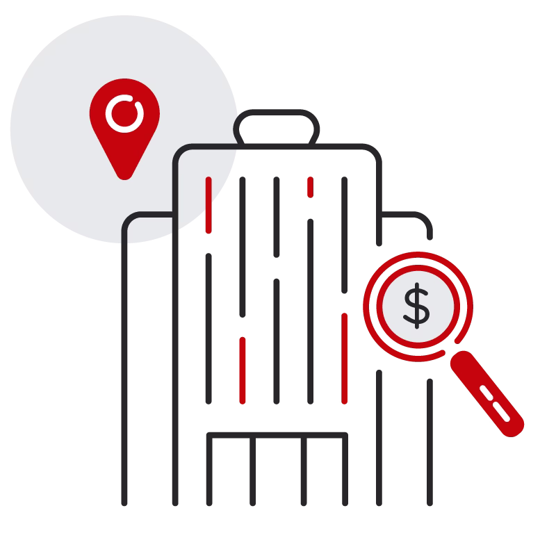 building, location, dollar sign inside magnifying glass icon.