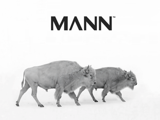 MANN ad with two buffalo in grayscale.