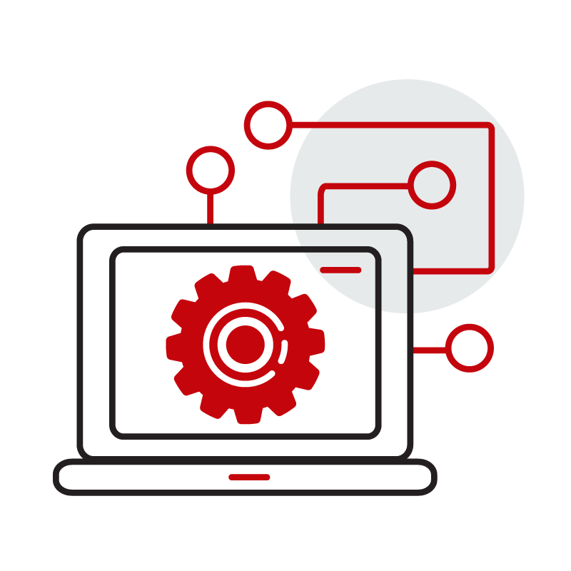 icon of laptop with gear and nodes.