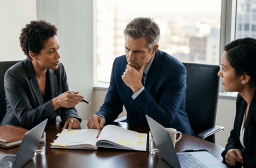 A suited woman is seated next to a suited man in a conference room, and is explaining something from a book. Another suited woman looks on.