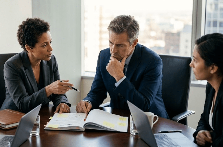 A suited woman is seated next to a suited man in a conference room, and is explaining something from a book. Another suited woman looks on.