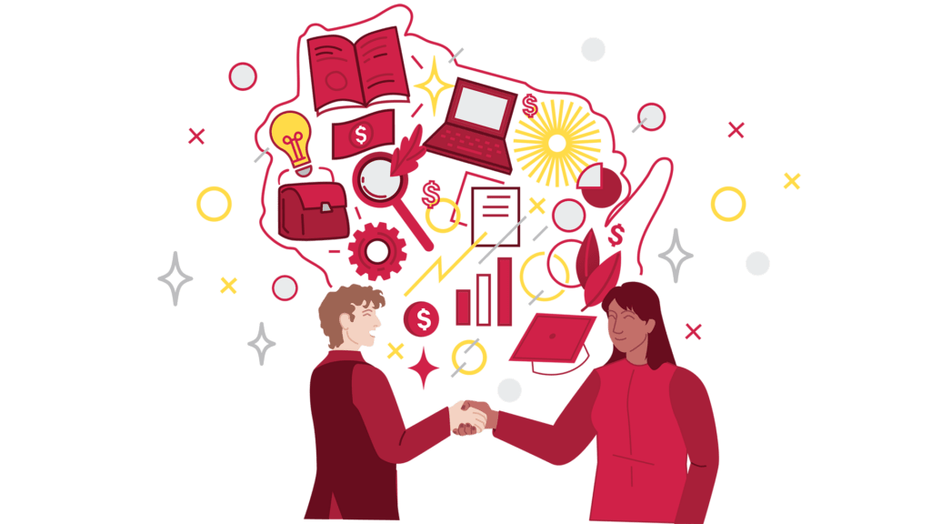 graphic of two people shaking hands over outline of Wisconsin full of business and innovation icons.
