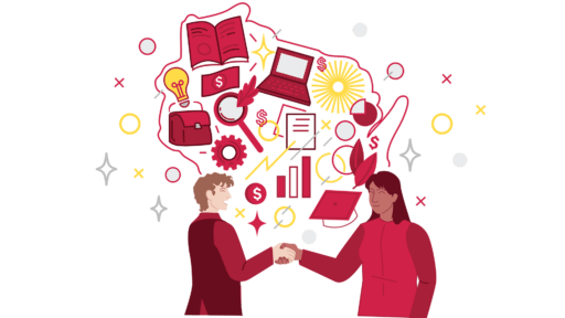graphic of two people shaking hands over outline of Wisconsin full of business and innovation icons.