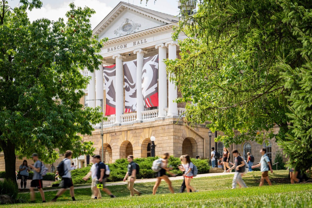 Bascom Hall with students walking around.