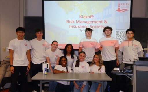 Members of the Spring 2026 executive board of the Risk Management & Insurance Society posing at the kickoff event.