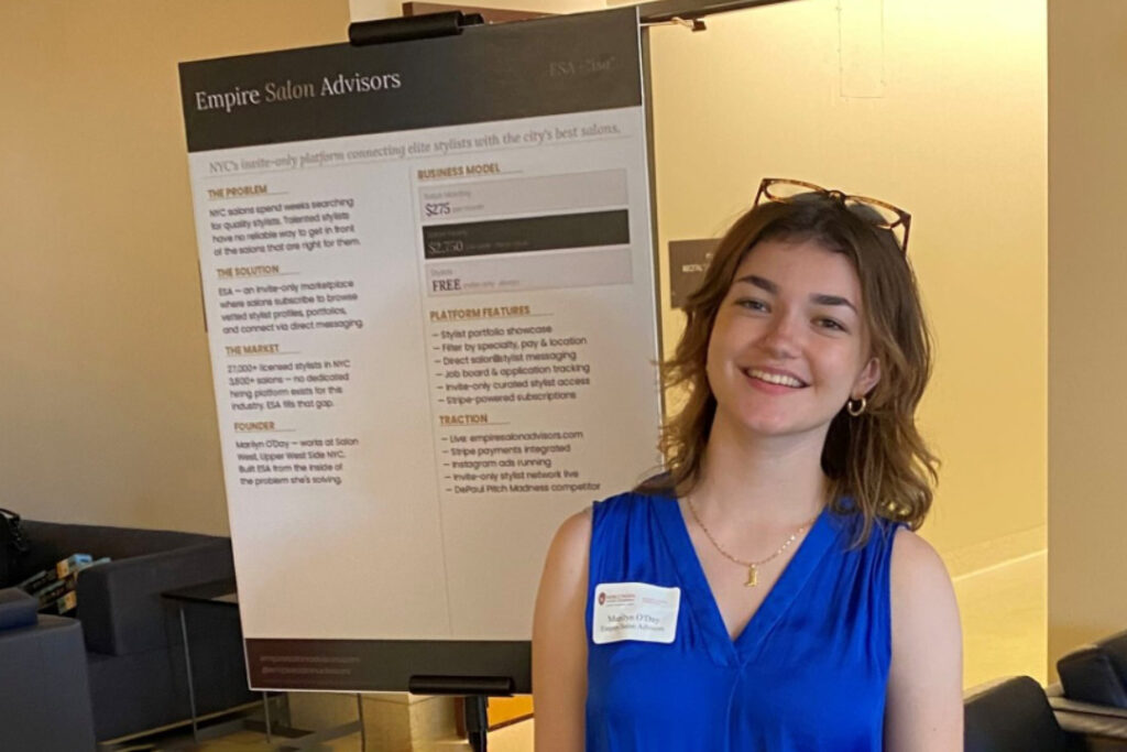 Marilyn O' Day next to her poster board.