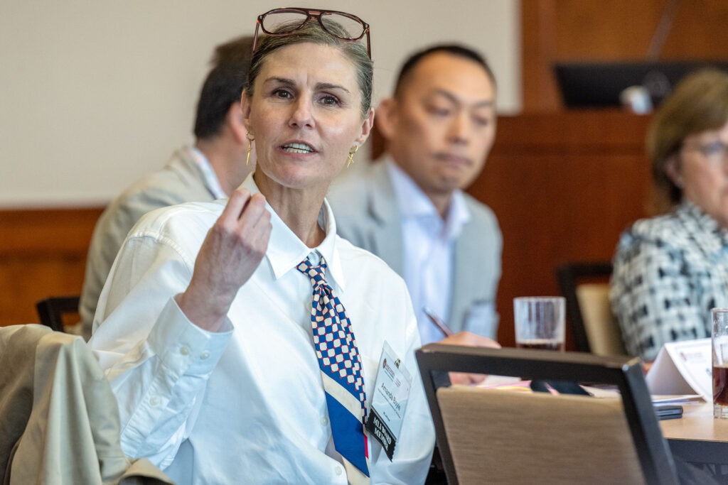 Woman speaking at board meeting.